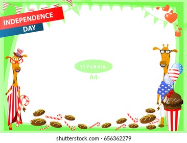 Frame. American day illustration. Independence Day. American flag. For the design. vector. Horizontal orientation. Giraffes among sweet