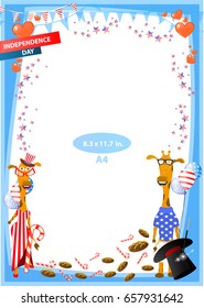 Frame. American day illustration. Independence Day. American flag. For the design. vector. Vertical orientation. Giraffes. The hat of the chicken focus with the sweet