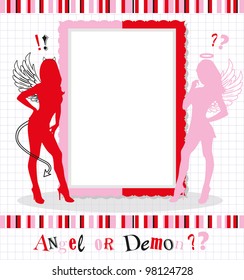 Frame, "an angel or a demon?" With silhouettes of an angel and a demon on a sheet in the box