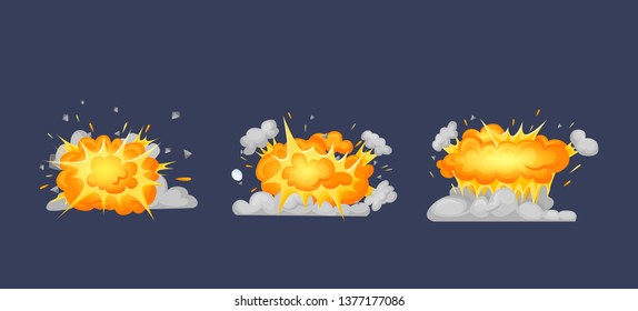 Frame animation with effect of burning, explosion, divided into separate scenes frames. Effect of explosion, burning flame, dispersion of particles with cloud of smoke. Vector illustration.