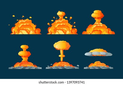 Frame animation with effect of burning, explosion, divided into separate scenes frames. Effect of smoke, burning and chemical fungus nuclear explosion with elements of the part, flame vector