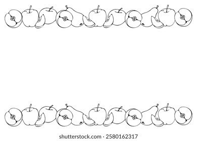 frame of apples and pears along the top and bottom edges, on a white background. contour drawing.