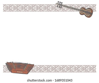 Frame with Arabic instruments and decorative border. Vector illustration.