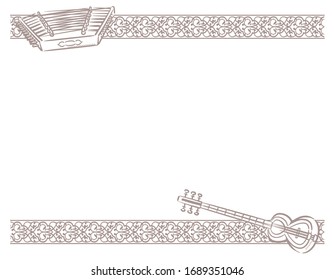 Frame with Arabic instruments and decorative border. Vector illustration.