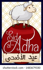 Frame with arabic pattern and sheep in the top of a red button and greeting scroll to celebrate Eid al-Adha (written in Arabic) or Feast of the Sacrifice.