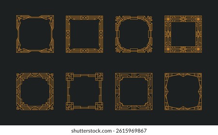 Frame art deco. Gatsby vintage gold line border. Great old pattern luxury filigree invitation. Card decoration modern. Geometry retro. Square premium framework. Vector tidy wedding design template set