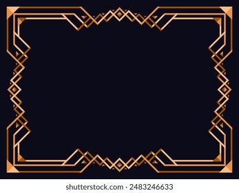 Frame in art deco style in gold color. Vintage linear border. Elegant vintage frame in line art style of minimalism on a black background. The style of the 1920s - 1930s. Vector illustration