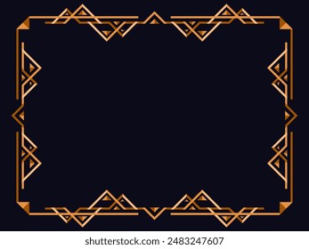 Frame in art deco style in gold color. Vintage linear border. Elegant vintage frame in line art style of minimalism on a black background. The style of the 1920s - 1930s. Vector illustration