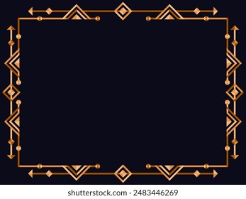 Frame in art deco style in gold color. Vintage linear border. Elegant vintage frame in minimalist style on a black background. Frame design for invitations, flyers and banners. Vector illustration