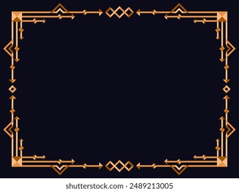 Frame in art deco style in gold color. Vintage linear border. Elegant vintage frame in minimalist style on a black background. Frame design for invitations, flyers and banners. Vector illustration