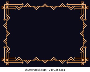 Frame in art deco style in gold color. Vintage linear border. Elegant vintage frame in minimalist style on a black background. Frame design for invitations, flyers and banners. Vector illustration