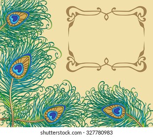 Frame Art Nouveau with bright peacock feathers