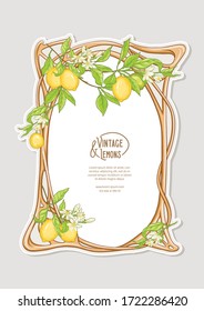 Frame in art nouveau style with lemon fruits and flowers branches. Good for product label. Colored vector illustration..