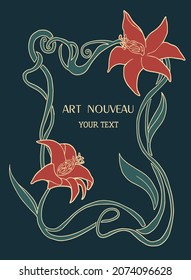 frame in art nouveau style with lilies on dark colours with light lines
