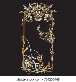 Frame In Art Nouveau Style With Thistle. In Black And Gold Colors.
Vector Illustration.