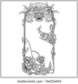 Frame in art nouveau style with thistle. Outline drawing.
Vector illustration.