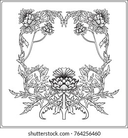 Frame in art nouveau style with thistle. Outline drawing.
Vector illustration.