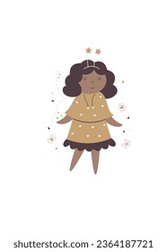 Frame art, poster with a cute charming fairy girl. Vector illustration for decorations, kids prints