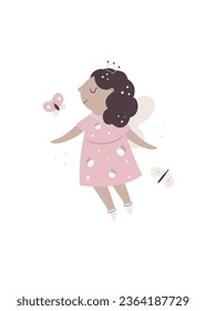 Frame art, poster with a cute charming fairy girl and butterflies. Vector illustration for decorations, kids prints