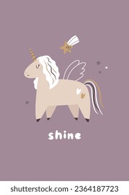 Frame art, poster with a cute magic unicorn and text SHINE. Vector illustration for decorations, kids prints