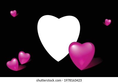 Frame art romantic pattern with 3d pink hearts. Hearts shape on black background. Ready template for design, postcards, print, poster, party, Valentine's day, vintage textile. Vector eps10