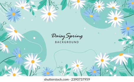 Frame art templates with daisy flowers. Illustration for social media posts, banner, internet ads design. Organic nature cosmetics green backgrounds. Hand drawn doodle plants.