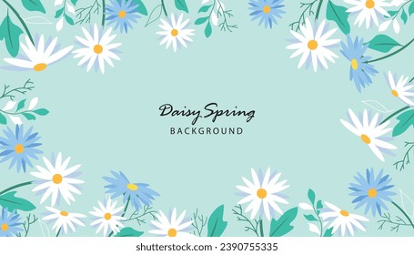 Frame art templates with daisy flowers. Illustration for social media posts, banner, internet ads design. Organic nature cosmetics green backgrounds. Hand drawn doodle plants.