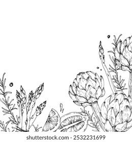 Frame with artichoke, asparagus, lemon, pepper and rosemary hand drawn with ink. Black and white vector illustration with vegetables. Template for label design, vegetarian menu design in a restaurant.