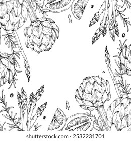 Frame with artichoke, asparagus, lemon, pepper and rosemary hand drawn with ink. Black and white vector illustration with vegetables. Template for label design, vegetarian menu design in a restaurant.