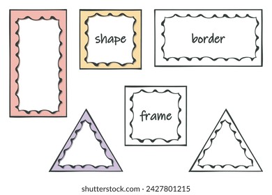 Frame artistic border Set. Hand drawn paint brush wave line strokes. Cute doodle cartoon style design. Square, rectangle, triangle geometric shapes. Empty frame for text space. Vector illustration