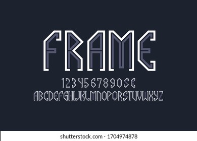 Frame artistic display font. Gray white angular letters, numbers and currency signs. Isolated english alphabet. Vector unusual lettering.