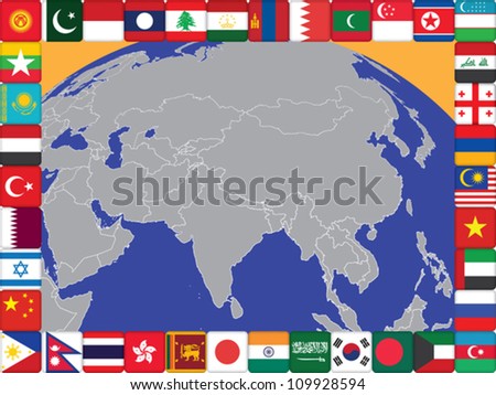 frame of Asian countries flags around the globe vector illustration