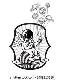 frame with astronaut and planet in white background