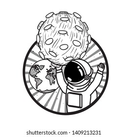 frame with astronaut and planet in white background