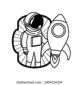 frame with astronaut and rocket in white background