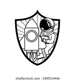 frame with astronaut and rocket in white background
