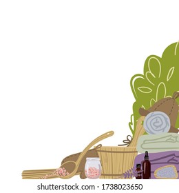 Frame with attributes and detals for sauna bath. Vector illustration.