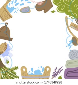 Frame with attributes and detals for sauna bath. Vector illustration.