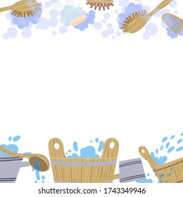 Marco con atributos y detalles para el baño de sauna. Ilustración vectorial.