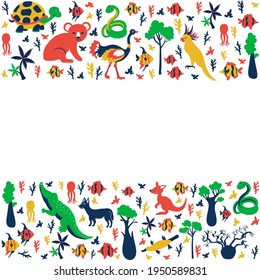 Frame with Australian wild animal and colorful tree, vector cartoon illustration, travel background with mammal koala, kakadu, snake, kangaroo, crocodile, fish, decorative banner for design zoo