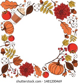 Frame of autumn elements drawn in vector: autumn leaves, coffee, pumpkin, twigs, apple, cotton. Can be used for poster, invitations, booklets.