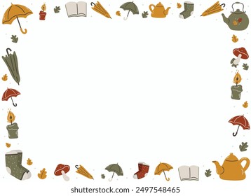 Frame Autumn flat horizontal illustration. Bright teapots,socks,candles,books,umbrellas and leaves on white background.Comfort in the rainy season.Perfect background for banner,poster,flyer.
