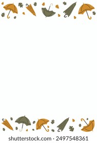 Frame Autumn flat vertical illustration. Bright teapots,socks,candles,books,umbrellas and leaves on white background.Comfort in the rainy season.Perfect background for banner,poster,flyer.