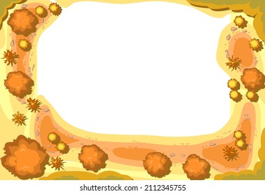 Frame Autumn landscape top view. Scene with yellow and orange trees and bushes from height. Above countryside. Isolated on white background. Cartoon style illustration. Vector.