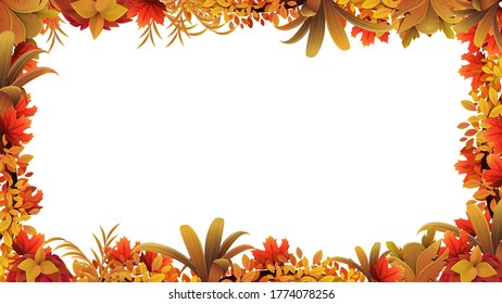 A frame of autumn leaves around a white empty space. Layout of a frame made of autumn vegetation for your creativity