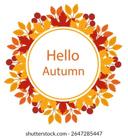 A frame with autumn leaves and berries creating a warm welcome to the fall season.