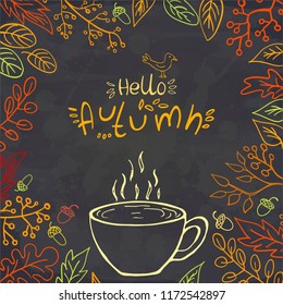 Frame of autumn leaves, cup of hot drink, lettering Happy Autumn on chalkboard. Vector illustration. Perfect for postcard, greeting card, print.