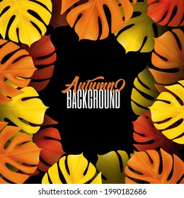 Frame of autumn leaves. forest poster square composition. Fallen red, orange and yellow leaves autumn season. Design Web banner template. Vector illustration.