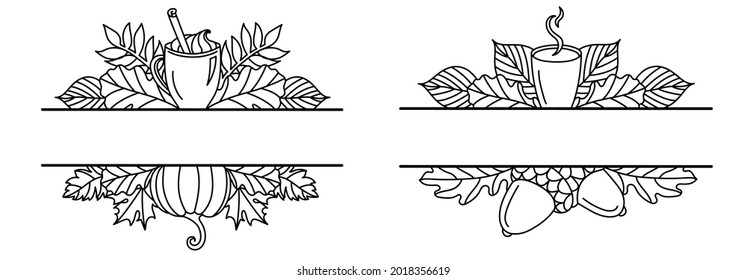 Frame with autumn leaves in a line art style.