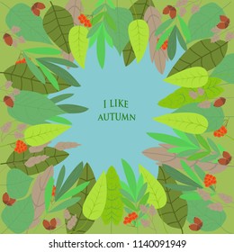Frame of autumn leaves, mountain ash, acorns. A square frame overgrown with branches of a tree with green leaves on a blue background. Blank for advertising card or invitation.